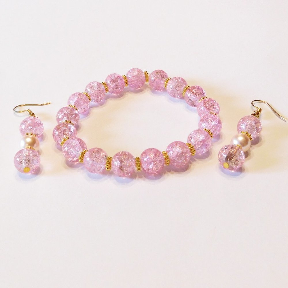 Handmade Pink Glass Beaded Stretch Bracelet & Matching Earrings - 7"
